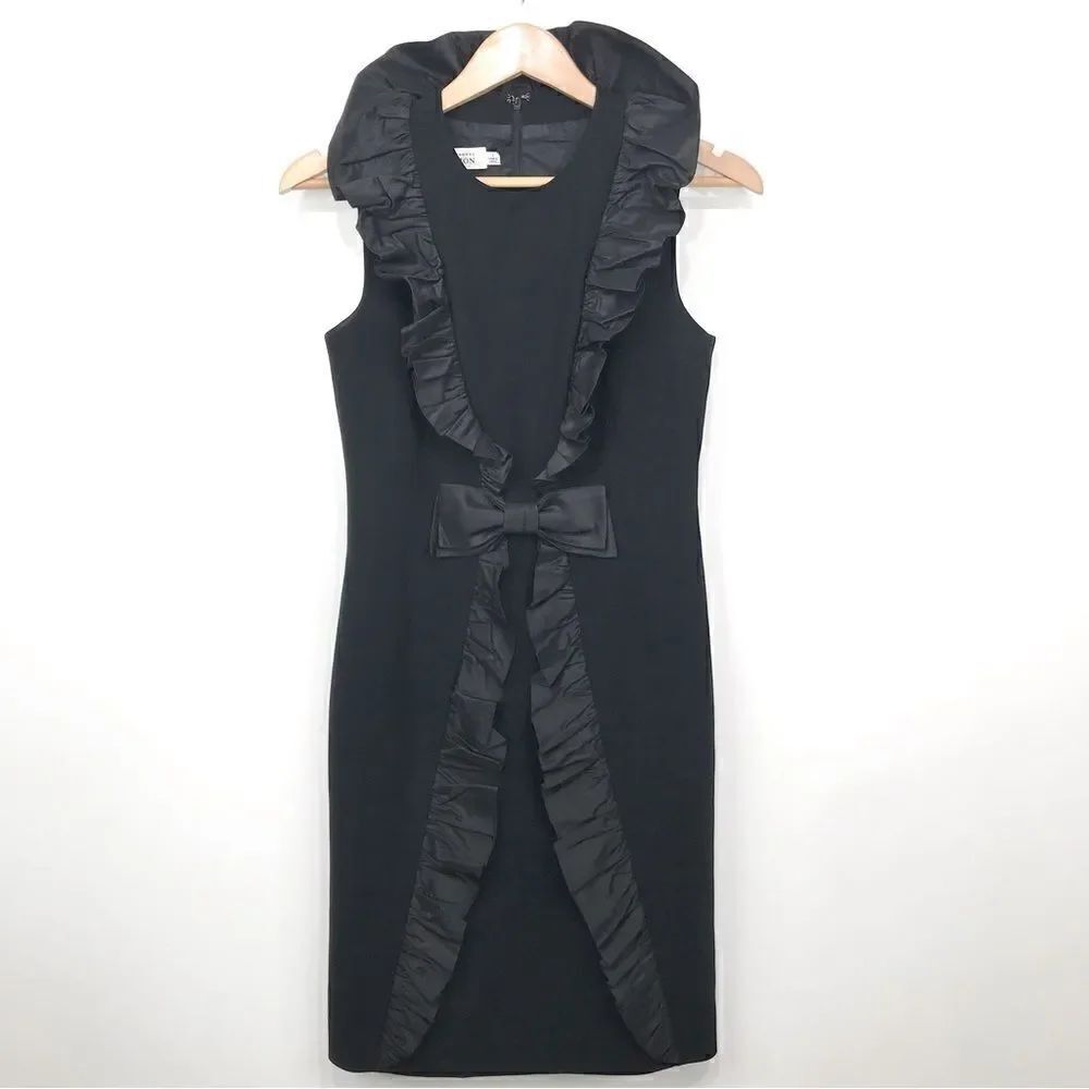 Teri Jon by Rickie Freeman Black Ruffle Bow Waist Sleeveless Pencil Dress
